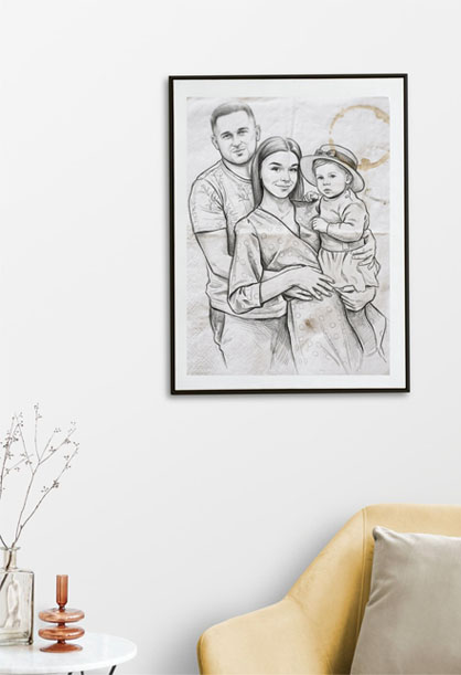 Cpmedor con cuadro de boceto de una familia